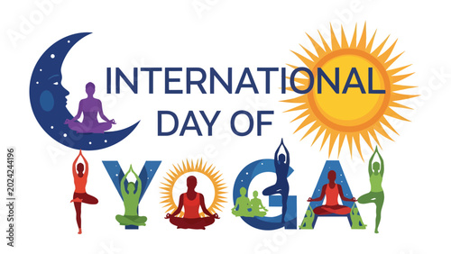 Photos International Yoga Day Celebration: Vibrant illustration celebrating International Day of Yoga, featuring stylized letters forming the word YOGA with figures in various yoga poses
