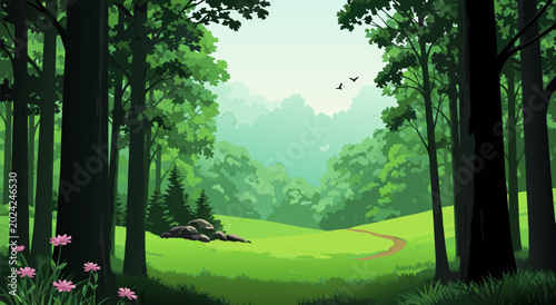 Tableau sur toile Serene forest landscape vector illustration with a winding path through trees an