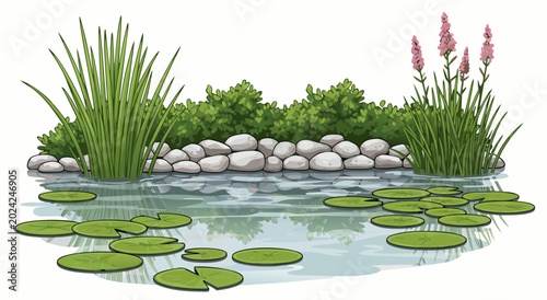 Konstfotografi A serene pond vector illustration with lush green reeds, blooming pink flowers,