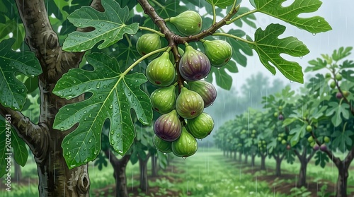 Fig Tree Branch with Juicy Green Fruits and Rain Drops, Cartoon Illustration of Ficus Carica Orchard in Rainy Season with Vibrant Leaves