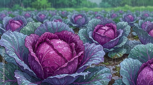 Anime Style Purple Cabbage Illustration, Fresh Wet Vegetable with Water Droplets in Misty Rainy Garden