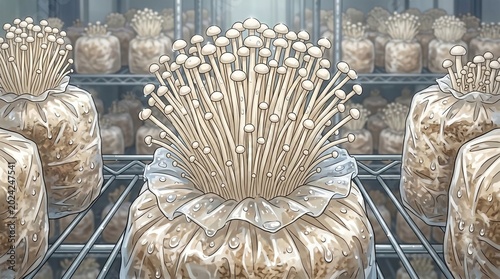 Close-up anime illustration showing rows of bottled enoki mushrooms