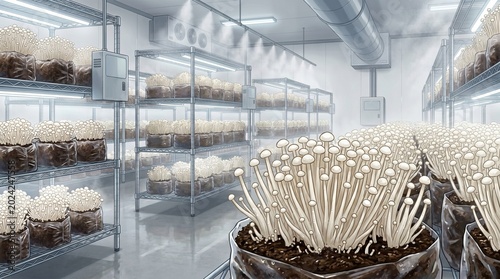 Clean anime art of a modern enoki mushroom cultivation facility on shelves