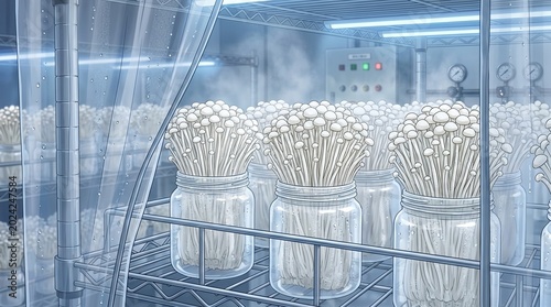 Industrial mushroom growing room with enoki mushrooms in glass bottles, anime style