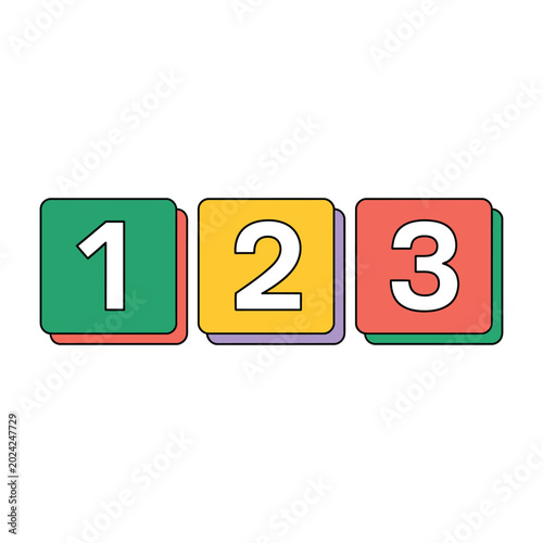 Colorful Number Blocks Vector Set - Playful Kids 1 2 3 Square Icons with Outline Style