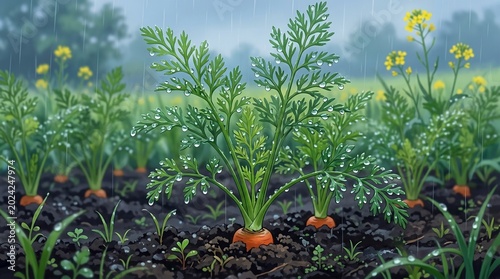 Fresh vibrant anime artwork of wet carrot plants growing in a garden during a shower.