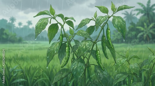 Anime illustration of green chili pepper plants covered in water droplets during rain, with a rural field background. Rural nature landscape scenery