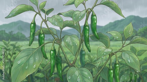 Green chili peppers growing on plants in a monsoon field, featuring a watercolor anime art style. Manga agriculture, botany, and rainy weather concept