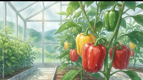 Bell peppers on plants inside a glass greenhouse conservatory, featuring watercolor anime art style. Manga agriculture and botany concept