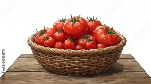 Digital painting of fresh harvested tomatoes in a basket with wooden background