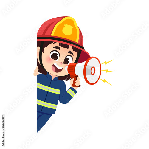Cute Girl Firefighter Hiding Behind Megaphone Funny Kids Cartoon Vector