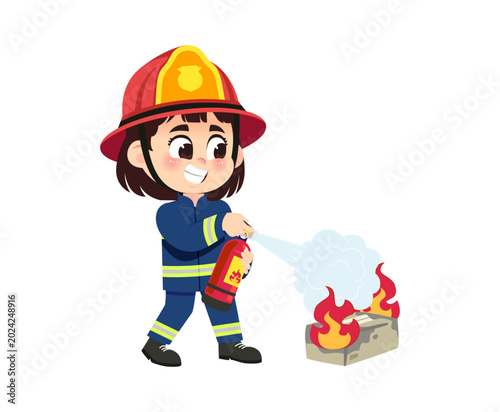 Cute Girl Firefighter Spraying Extinguisher Fire Box Cartoon Vector Illustration