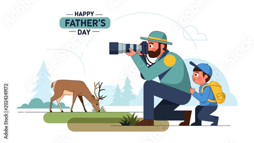 Foto Father's Day Wildlife Adventure: A father and son embark on a nature photography expedition, capturing the essence of a deer grazing in a forest setting, celebrating Father's Day