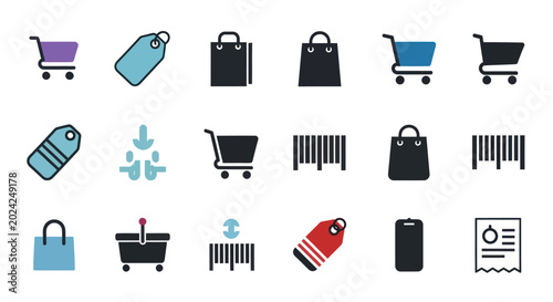 Shopping icons cart tag bag barcode