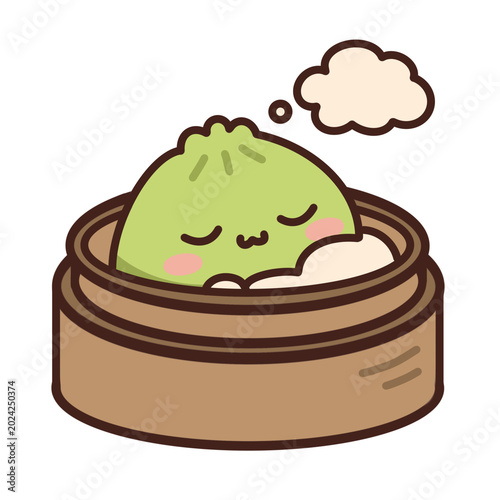 Adorable green kawaii dimsum characters with cute facial expressions in a minimalist 2D cartoon illustration style