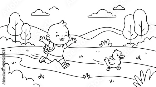 Fotografía Toddler Running with Happy Chicken Friend.