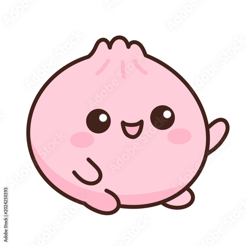Adorable pink kawaii dimsum characters with cute facial expressions in a minimalist 2D cartoon illustration style