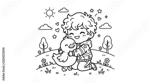 Slika na platnu Child Hugging Smiling Duck Friend.