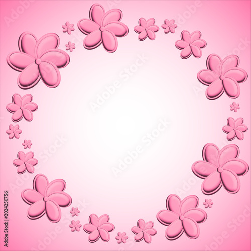 3D pink flower circle wreath frame with copy space on pink gradient background vector