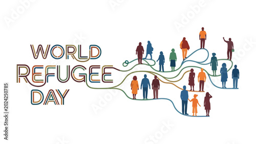 Fotografie World Refugee Day Illustration: A diverse group of stylized figures, interconnected by colorful lines, represent refugees and their journey, celebrating World Refugee Day