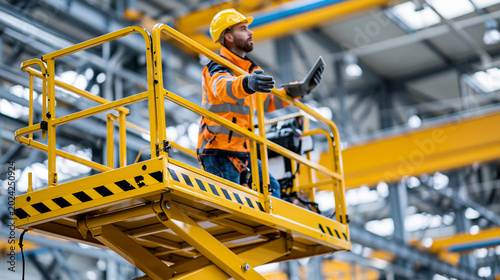 Close-up of an industrial worker on a yellow scissor lift inside a warehouse with overhead cranes visible, elevated industrial work concept, scissor lift photography, warehouse