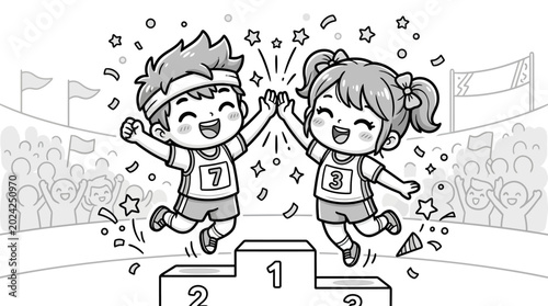 Bilde på lerret Two kids on winner podium celebrating.