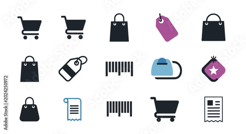 Shopping icons cart bag tag barcode