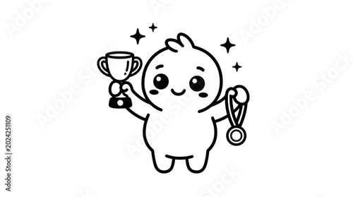 Tableau sur toile Smiling Cartoon Character Holding Trophy Medal.