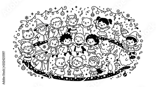 Foto Diverse group of happy cartoon children.