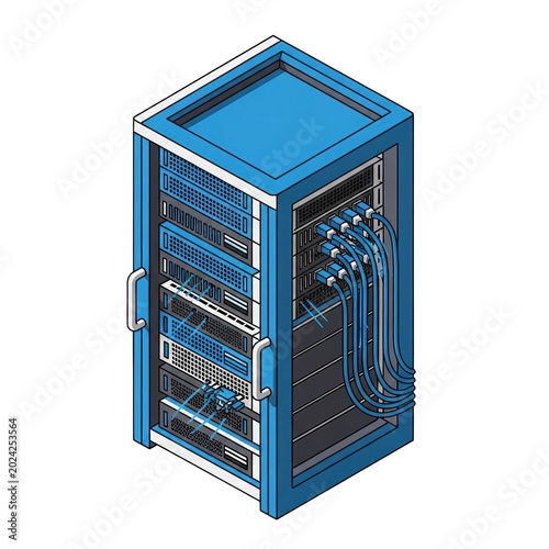 Server rack with cables isometric illustration