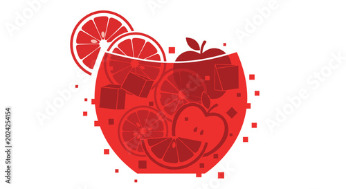 Illustration of a vibrant red sangria glass filled with sliced fruit, featuring oranges and apples, on a clean white background
