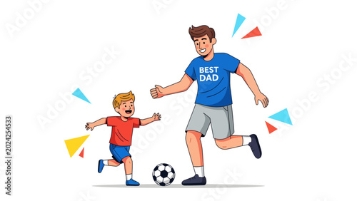 Father and Son Playing Soccer: A father wearing a Best Dad shirt and his son are joyfully playing soccer together, showcasing a moment of fun and connection on a bright day.