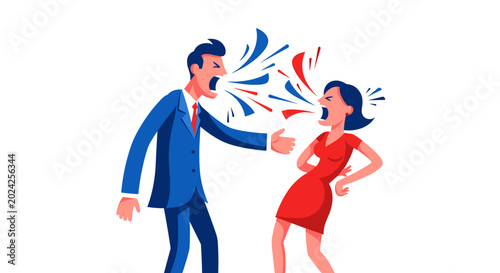 Illustration of a couple yelling at each other with colorful sound waves on a white background, depicting conflict and emotion in bold red and blue tones