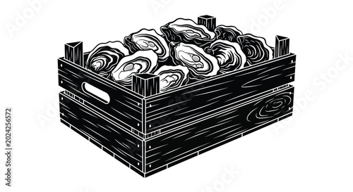 Tableau sur toile Fresh oysters in wooden crate black and white engraving style