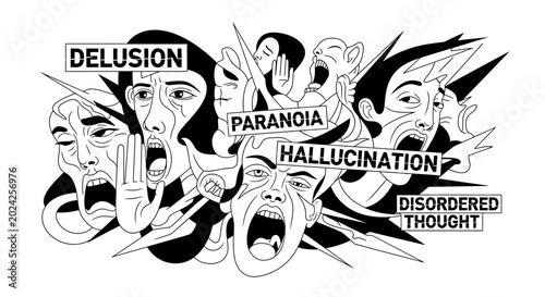 Fotografie Schizophrenia and psychosis mental health concept vector, delusion paranoia hallucination line art illustration, disordered thought psychological graphic