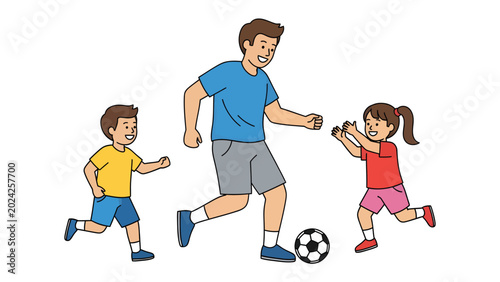 Father and children playing football