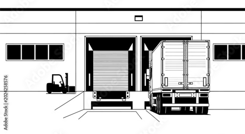 Warehouse loading dock with delivery truck and forklift, concept of logistics, supply chain, and distribution, vector line art illustration.