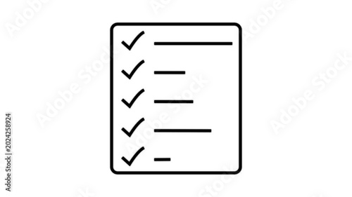 A simple line drawing depicts a checklist with five check marks indicating completed tasks. document clipboard icon.