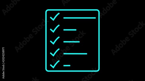 A simple line drawing depicts a checklist with five check marks indicating completed tasks. document clipboard icon.