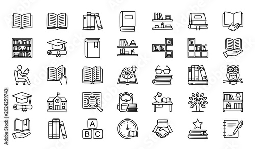 Photos Books and bookshelf icon bundle vector education illustration set