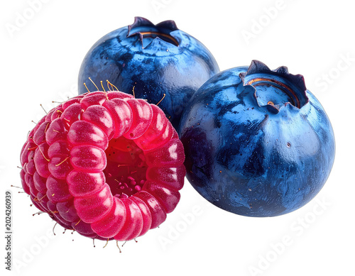 A macro shot of a ripe raspberry and two plump blueberries against a black background.