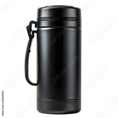 A sleek black thermos with a handle on a black background.