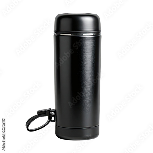 A sleek black thermos bottle with a carry loop on a dark background.