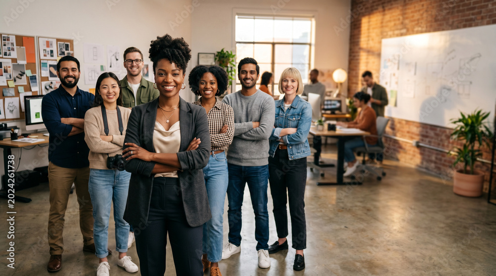 Obraz premium Diverse creative team posing inside modern design studio confident female creative director leading collaborative agency staff warm cinematic lighting realistic business portrait with cheerful mood 