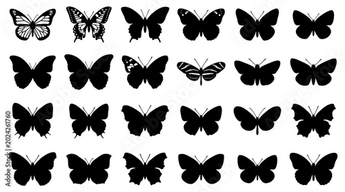 Butterfly silhouettes pattern with multiple black wing shapes arranged in neat grid rows for decorative design use