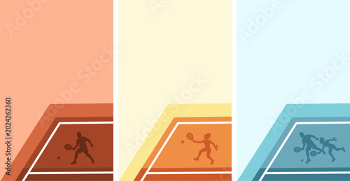 Padel tennis portrait background set featuring male and female players on court. Gen Z urban sport illustration template with vibrant color variations, geometric shading layers, and large copy space