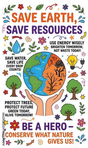 Environmental conservation poster with Save Earth Save Resources text, colorful ecology illustration with planet earth and trees, nature protection concept for sustainability education. isolated