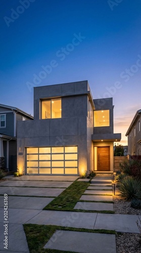 Modern Architectural Marvel - A Stunning Contemporary Home at Dusk with Illuminated Features.