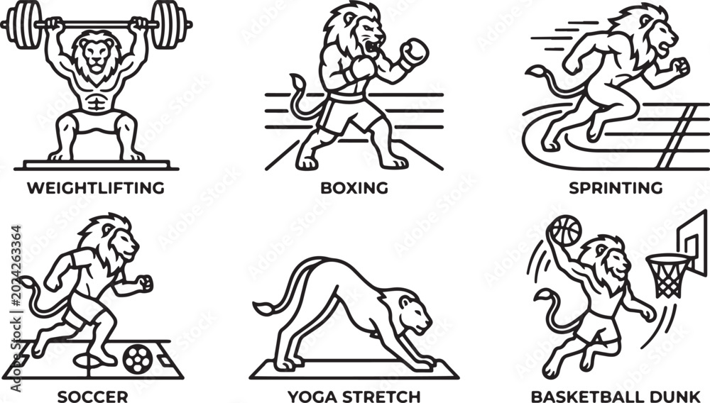 Fototapeta premium Collection of stylized lion characters performing various athletic sports activities in this clean black and white vector line art illustration