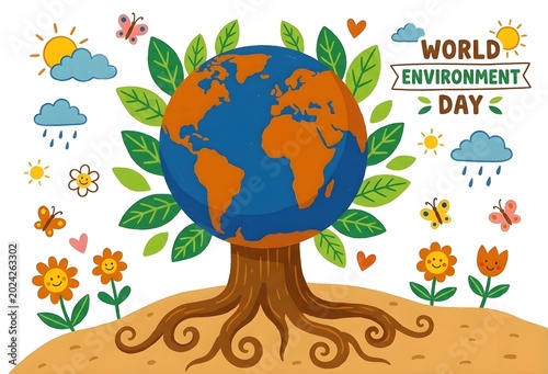 World Environment Day illustration with planet earth tree, eco friendly nature conservation concept, hand drawn earth day banner with green leaves, flowers